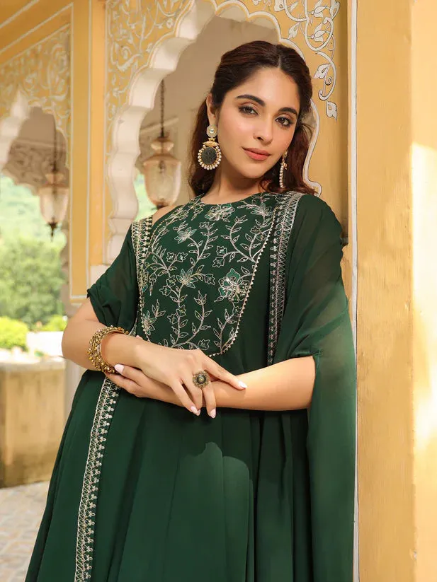 Dark Green Georgette Anarkali Embroidered Dress with Cape