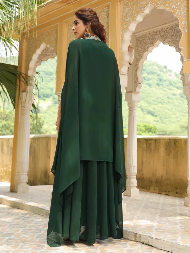 Dark Green Georgette Anarkali Embroidered Dress with Cape