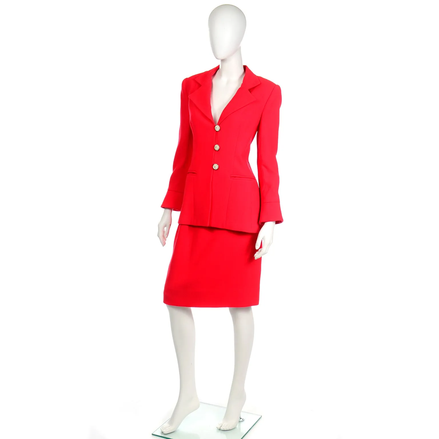 David Hayes Vintage Red Skirt Suit w Rhinestone Buttons