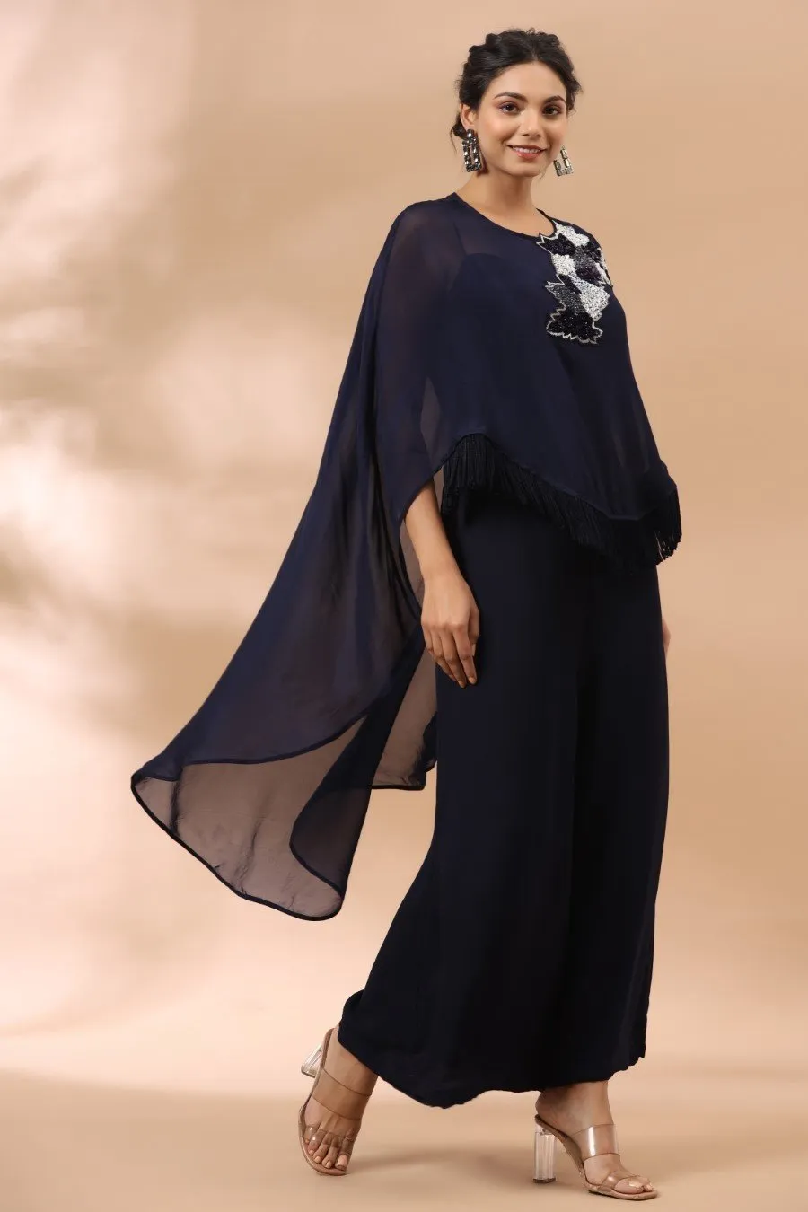 Deep Blue Jumpsuit with Embellished Cape