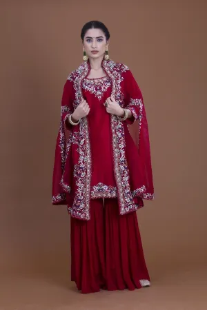 Deep Maroon Kurta, Sharara And Cape Set