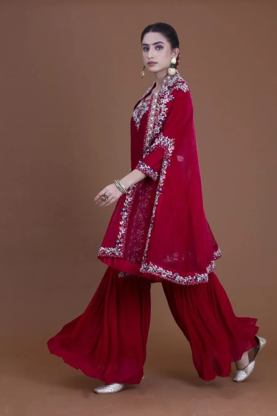 Deep Maroon Kurta, Sharara And Cape Set