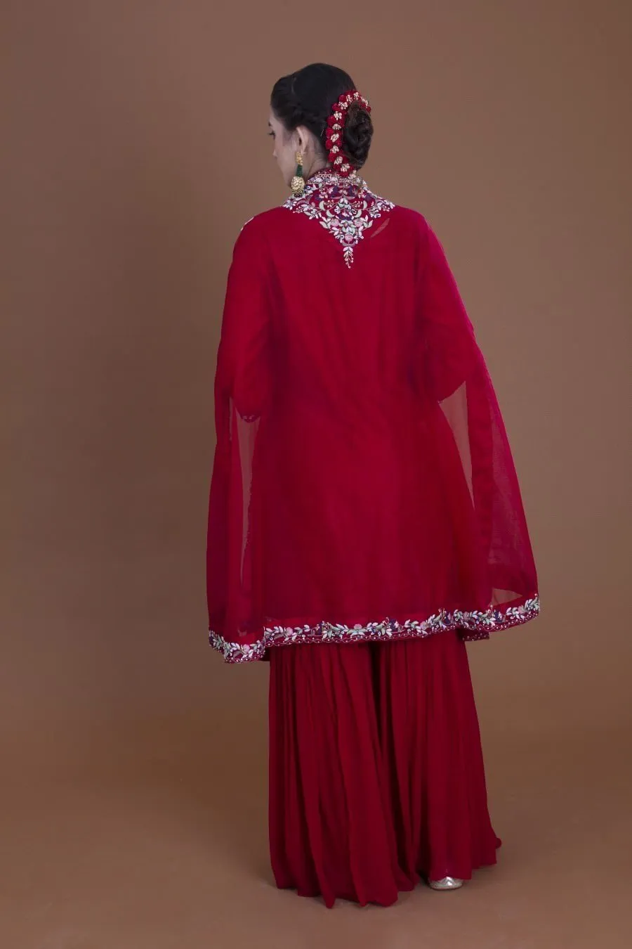 Deep Maroon Kurta, Sharara And Cape Set