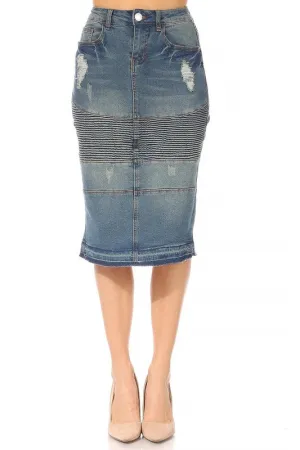 Distressed Moto Denim Skirt