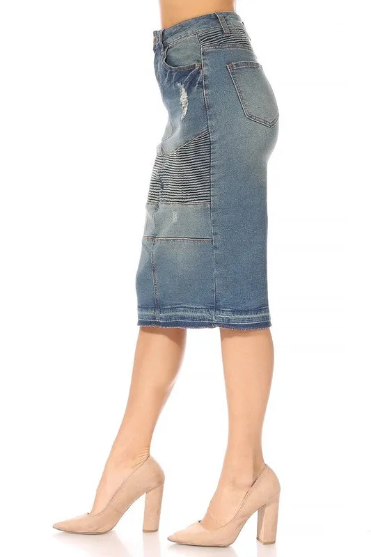 Distressed Moto Denim Skirt