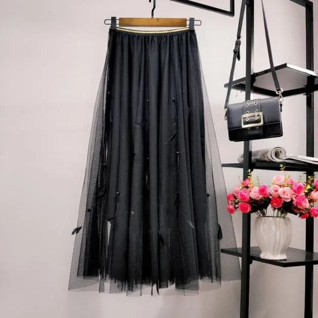 Double-Layered Midi Skirt With Feathers