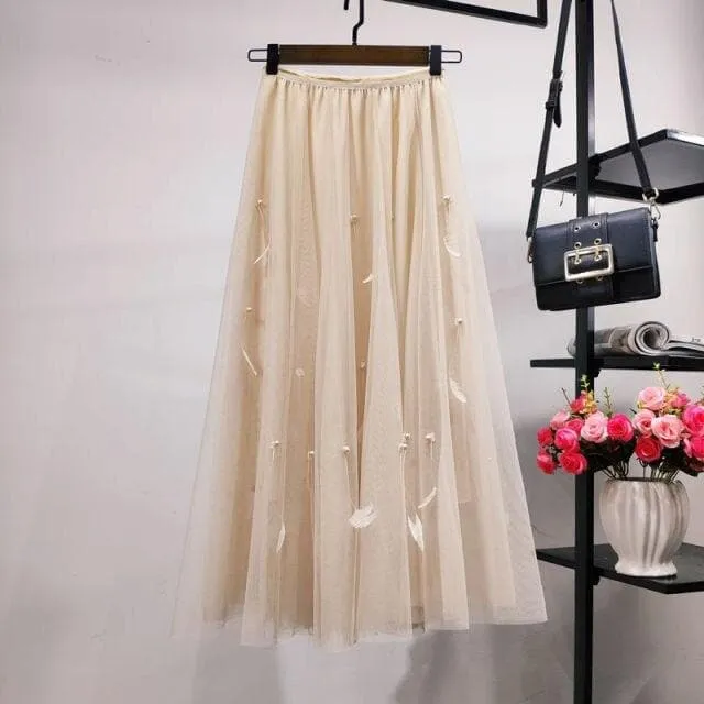 Double-Layered Midi Skirt With Feathers