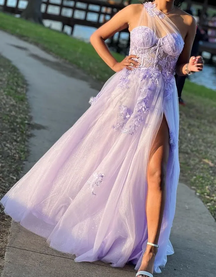 Dreamy Lavender Sheer Mesh One-Shoulder Long Prom Gown     fg7292