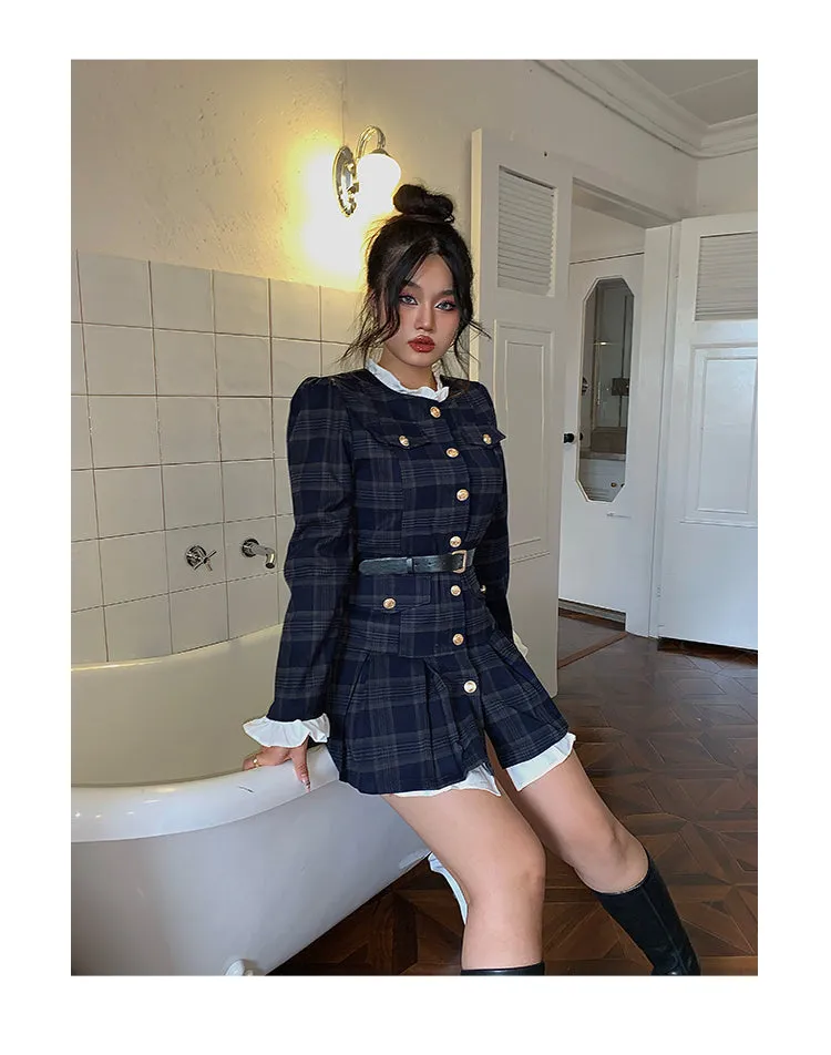 Dulce Plaid Long Sleeve Button Up Pleated Mini Dress