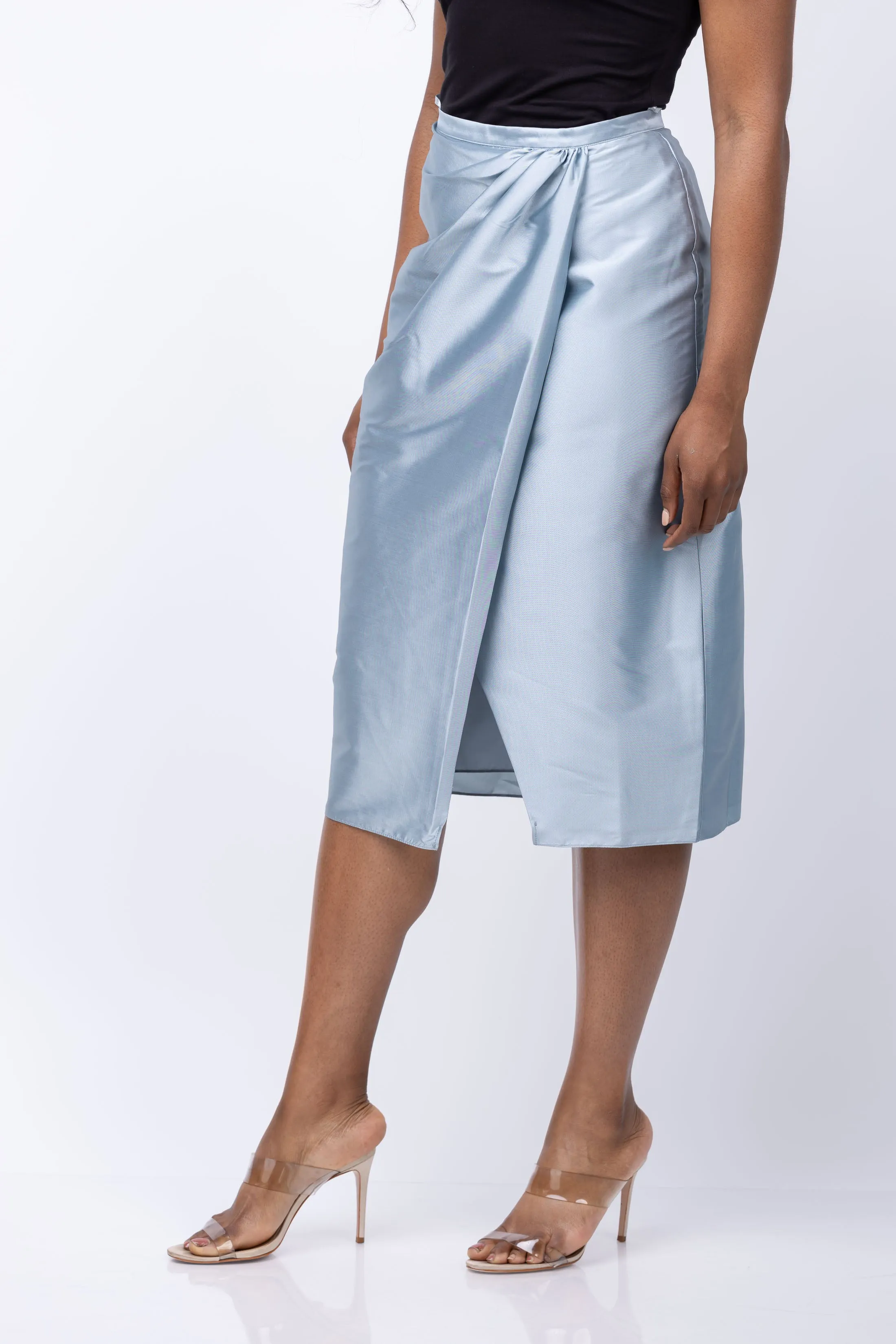 Emily Shalant Taffeta Faux Wrap Midi Skirt in Light Blue