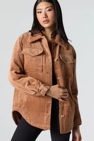 Faux Fur Collared Corduroy Shacket