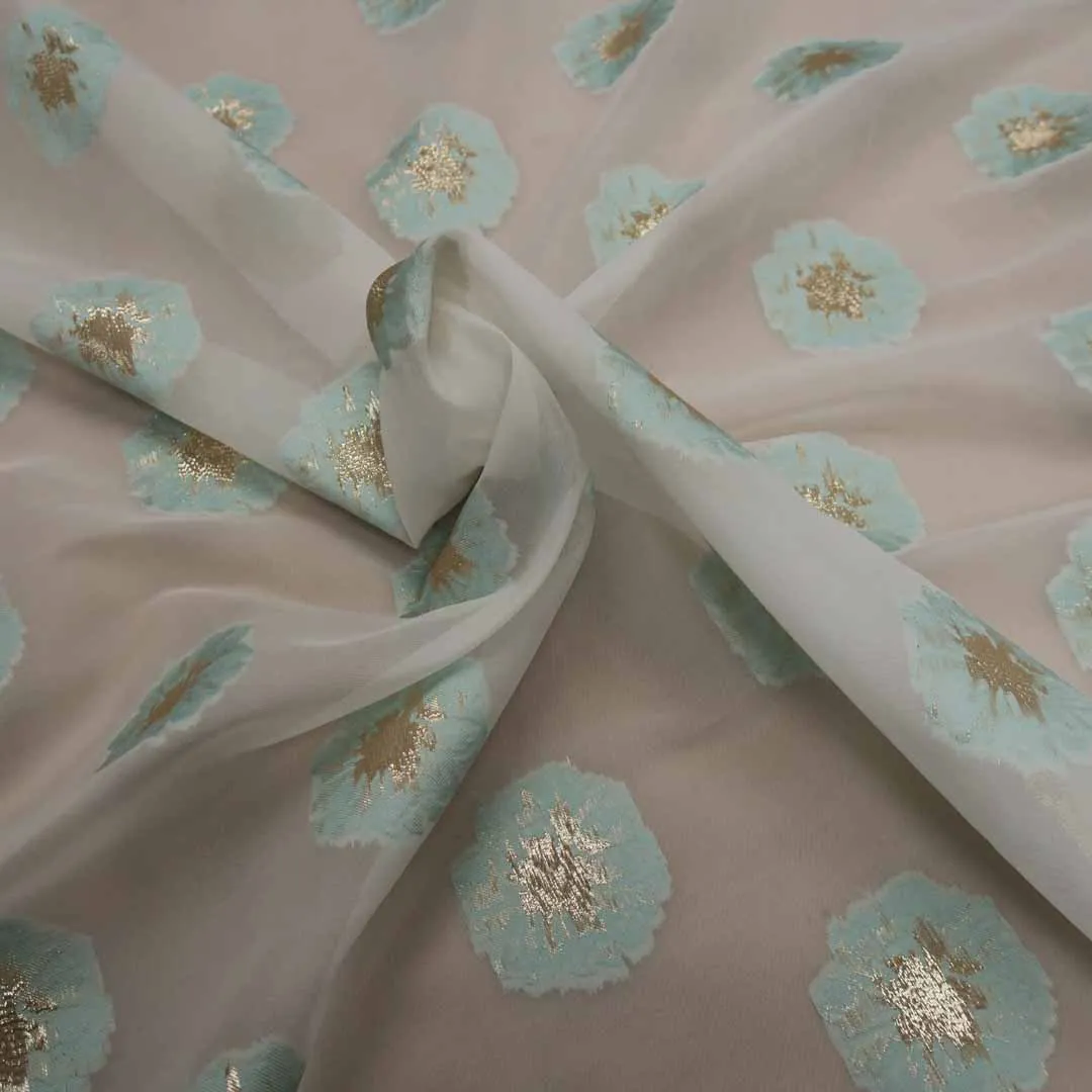 Floral Textured Blue And Beige Brocade Fabric