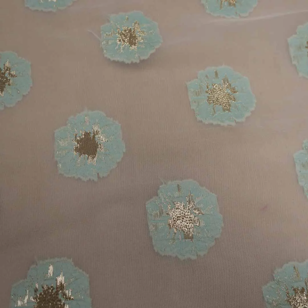 Floral Textured Blue And Beige Brocade Fabric