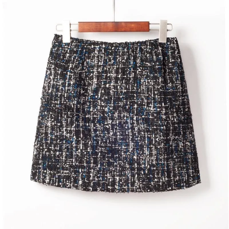 Fresh Style Sequins Tweed Pencil Skirt High Waist Mini Skirt