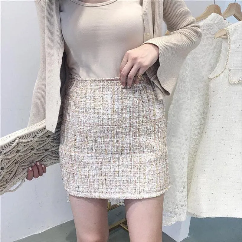 Fresh Style Sequins Tweed Pencil Skirt High Waist Mini Skirt