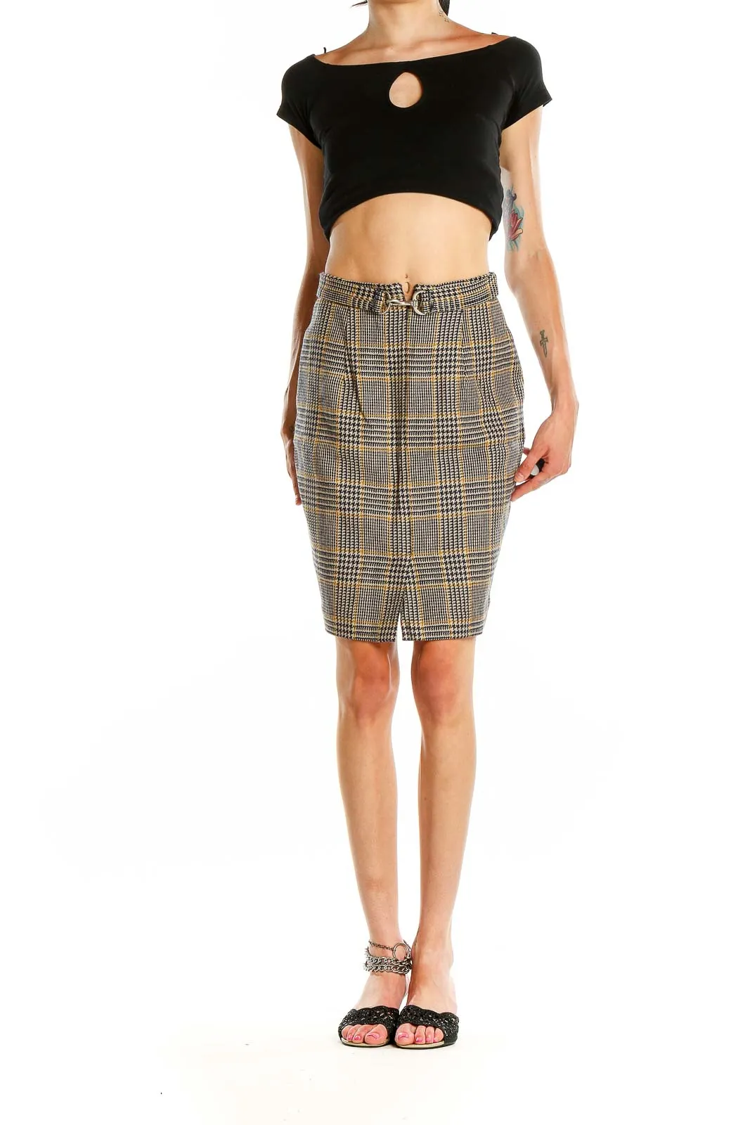 Gray Plaid Belted Pencil Skirt