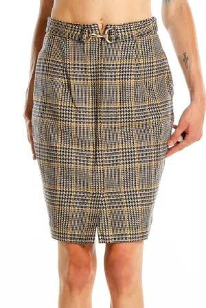 Gray Plaid Belted Pencil Skirt