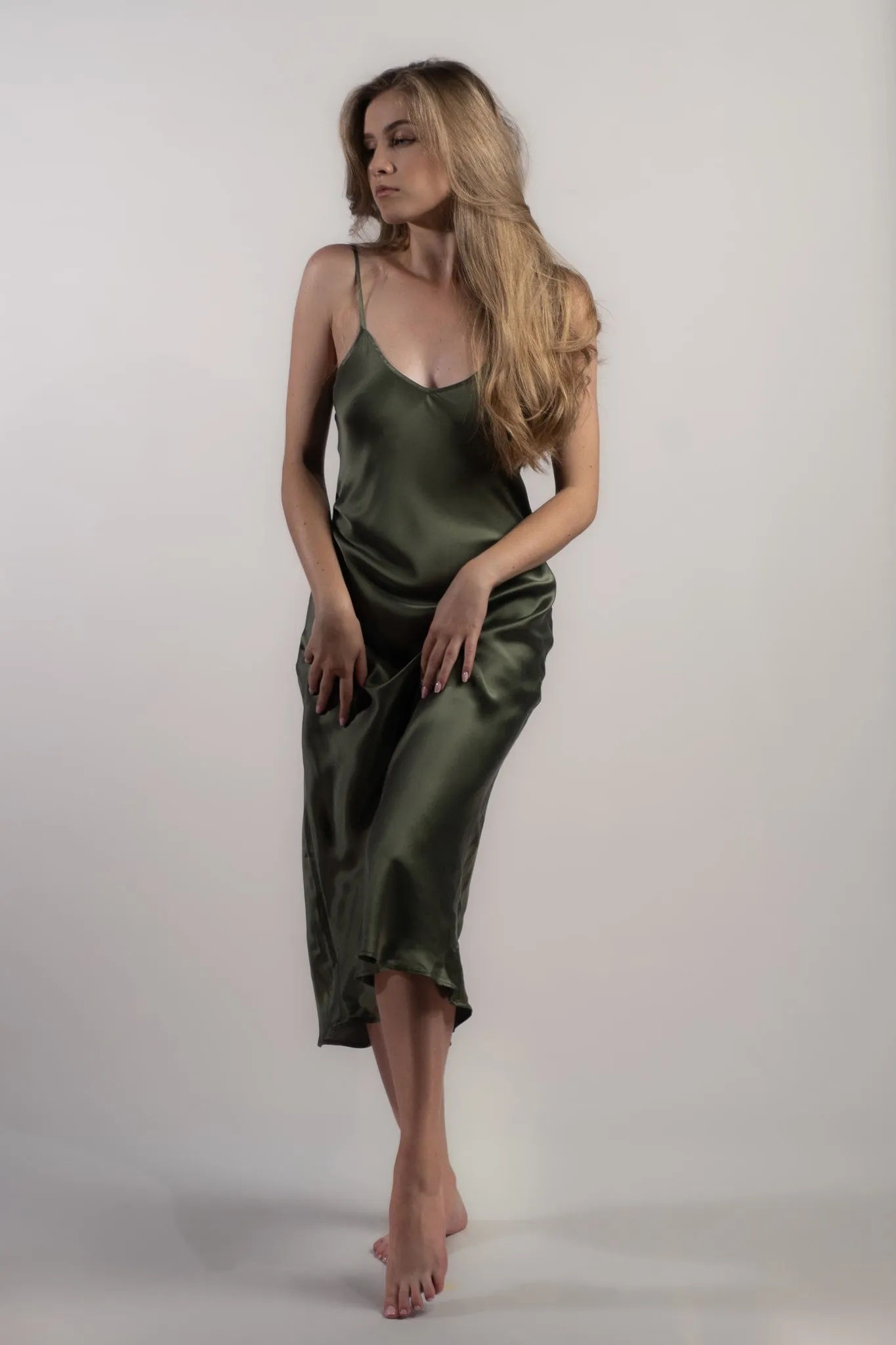 Grecian Olive Silk Slip Dress