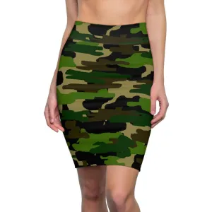 Green Camo Pencil Skirt, Best Camouflage Military Army Print Women's Pencil Skirt-Made in USA (Size XS-2XL)