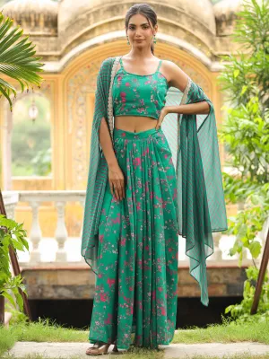 Green Georgette Floral Printed Pleated Skirt With Top & Cape Set