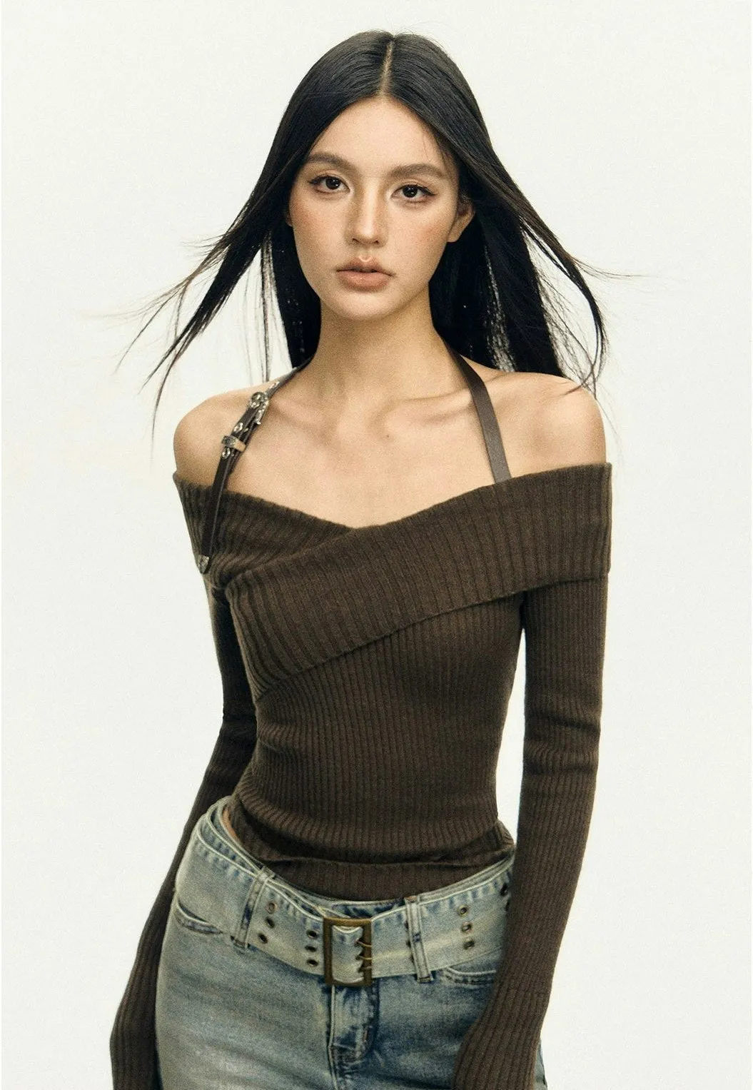 Halter Neck Ribbed Knit Long Sleeve Top