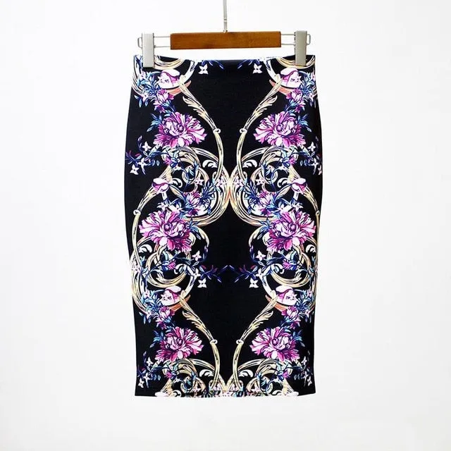 Hermicci 2018 Summer Style Pencil Skirt Women High Waist Green Skirts Vintage Elegant Bodycon Floral Print Midi Skirt