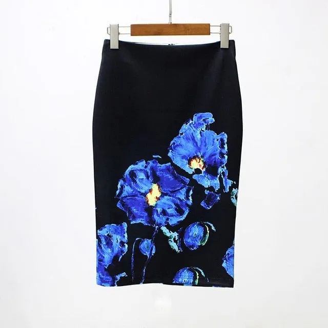 Hermicci 2018 Summer Style Pencil Skirt Women High Waist Green Skirts Vintage Elegant Bodycon Floral Print Midi Skirt