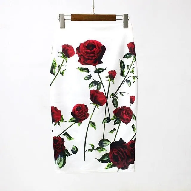 Hermicci 2018 Summer Style Pencil Skirt Women High Waist Green Skirts Vintage Elegant Bodycon Floral Print Midi Skirt