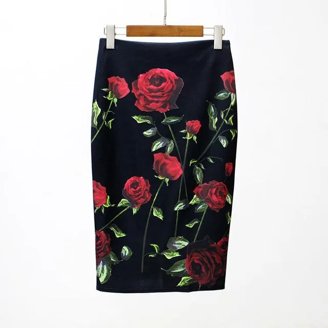 Hermicci 2018 Summer Style Pencil Skirt Women High Waist Green Skirts Vintage Elegant Bodycon Floral Print Midi Skirt