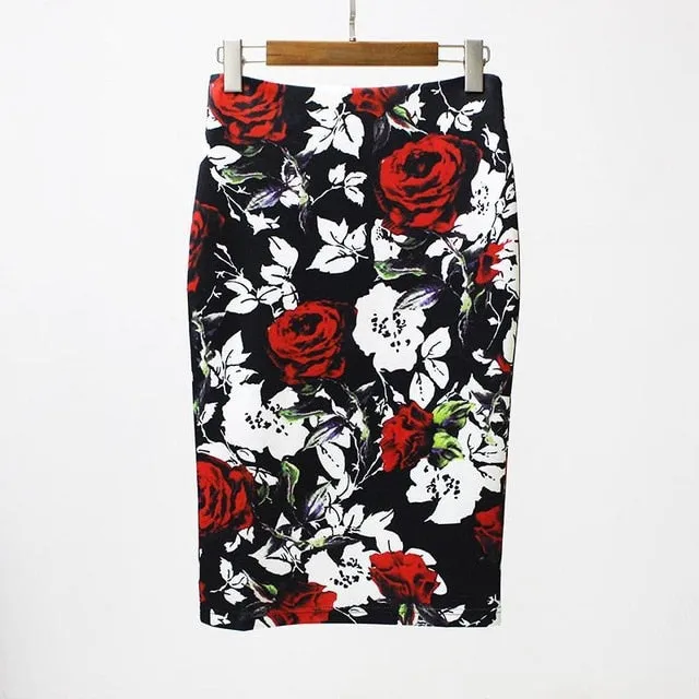 Hermicci 2018 Summer Style Pencil Skirt Women High Waist Green Skirts Vintage Elegant Bodycon Floral Print Midi Skirt