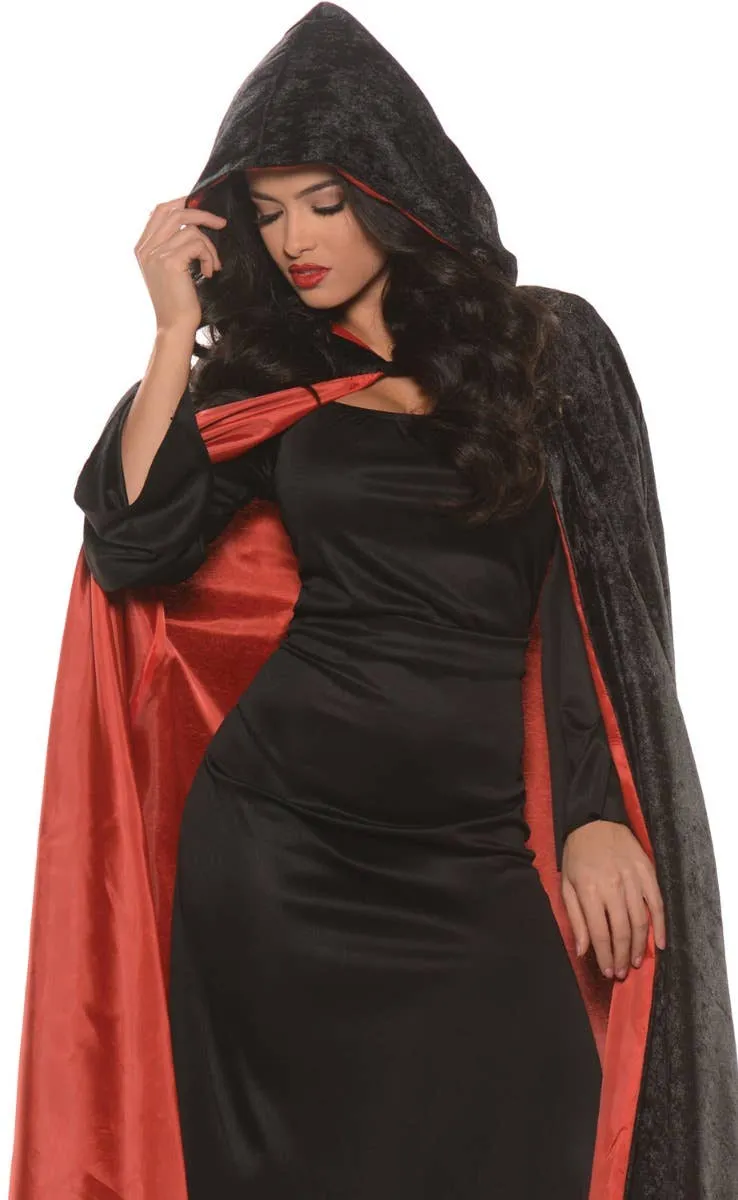 Hooded Black Velvet Cloak with Red Satin Lining