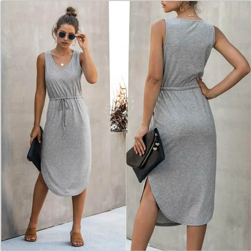 Irregular Cinched Round Neck Vest Dress