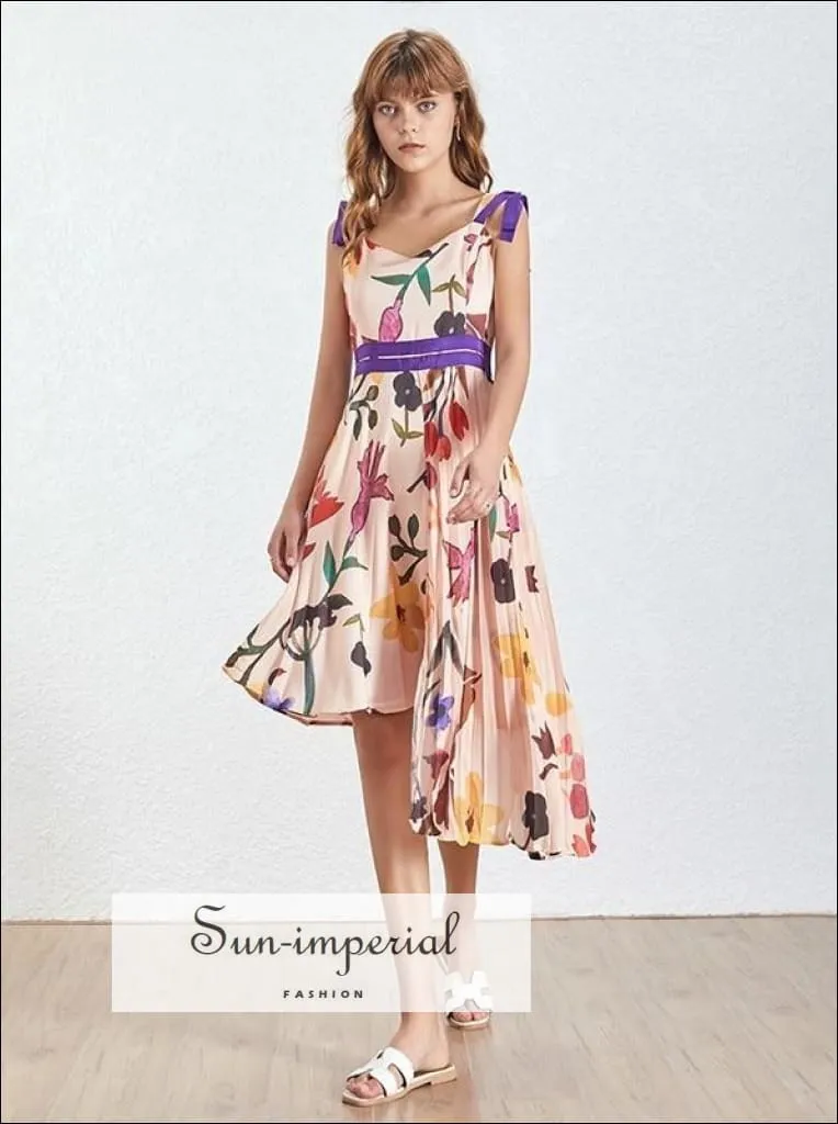 Isabella Dress -floral Bowknot Strap High Waist Asymmetrical Midi Dress