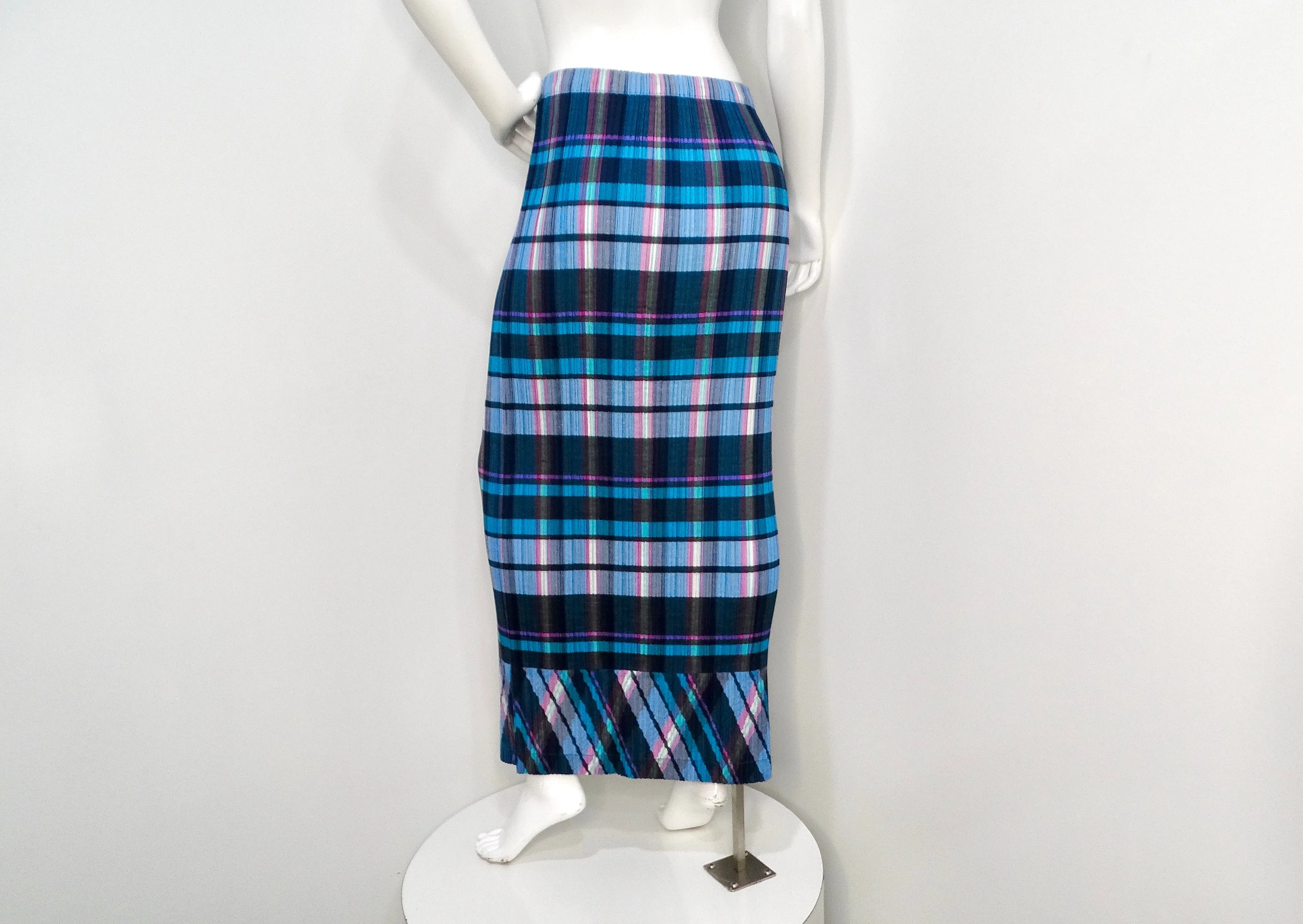 Issey Miyake 1990s Blue and Purple Plaid Print Pleated Maxi Skirt