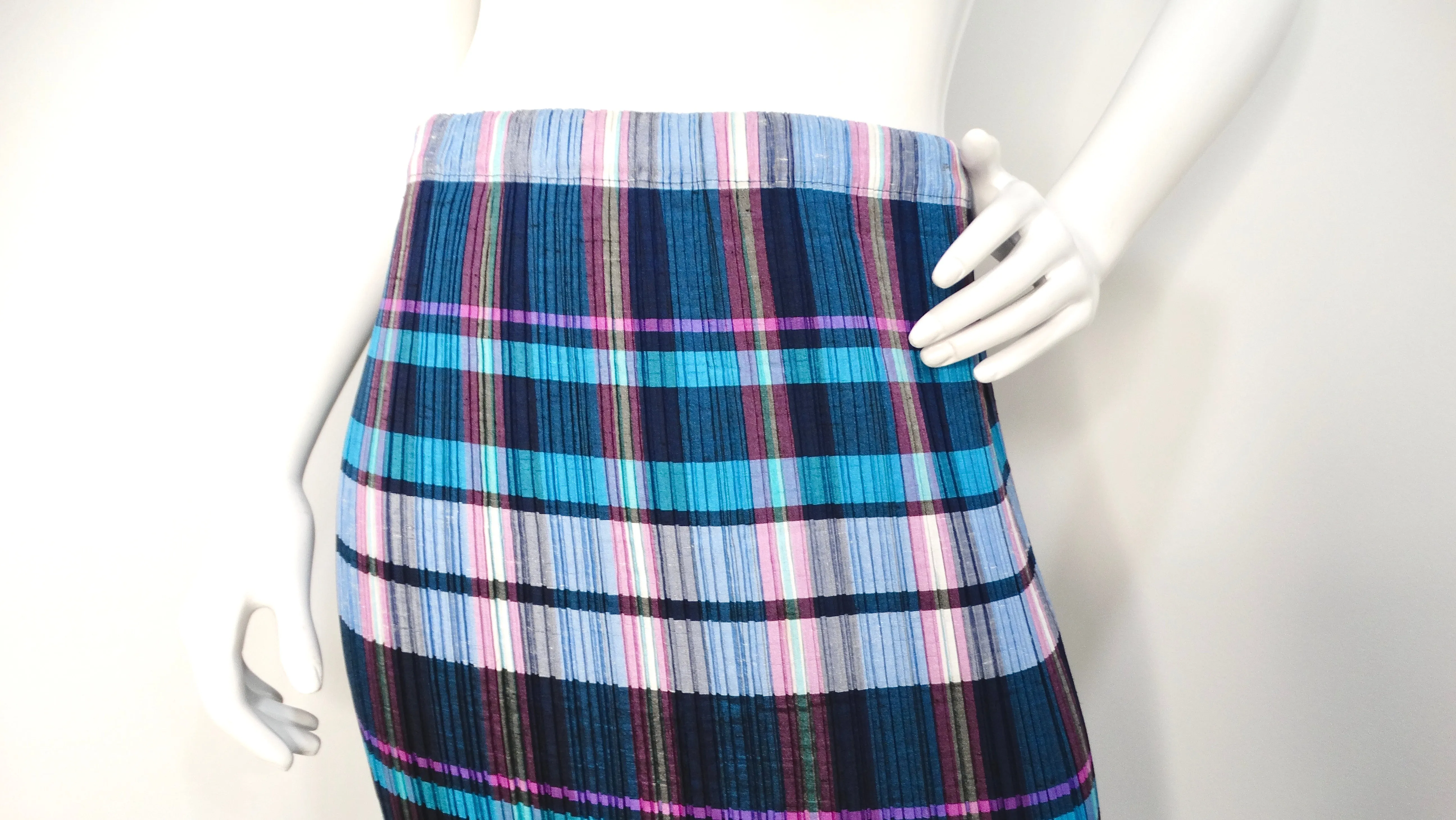 Issey Miyake 1990s Blue and Purple Plaid Print Pleated Maxi Skirt