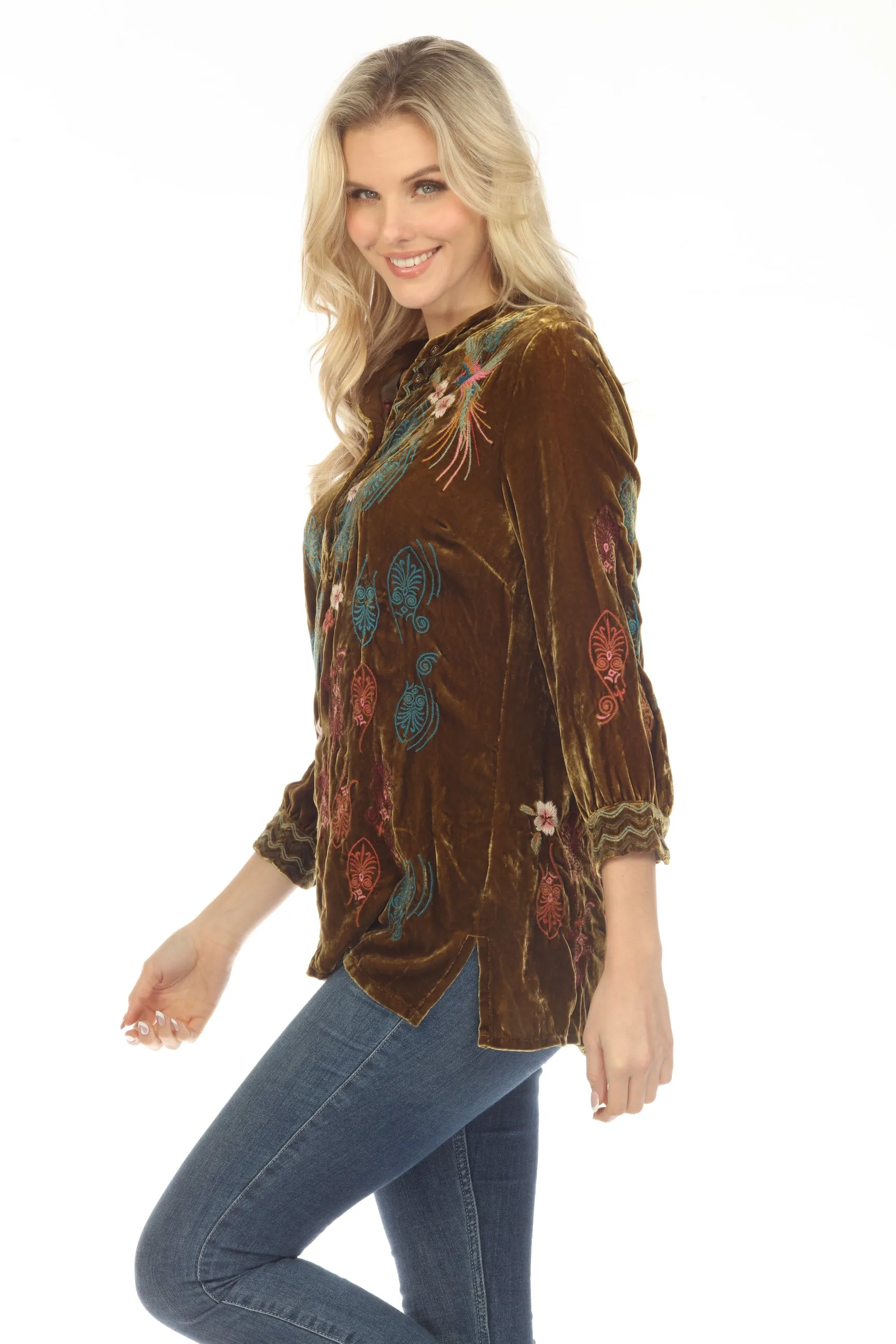 Johnny Was JWLA Ashira Velvet Henley Shirt Tunic Top Boho Chic J26623