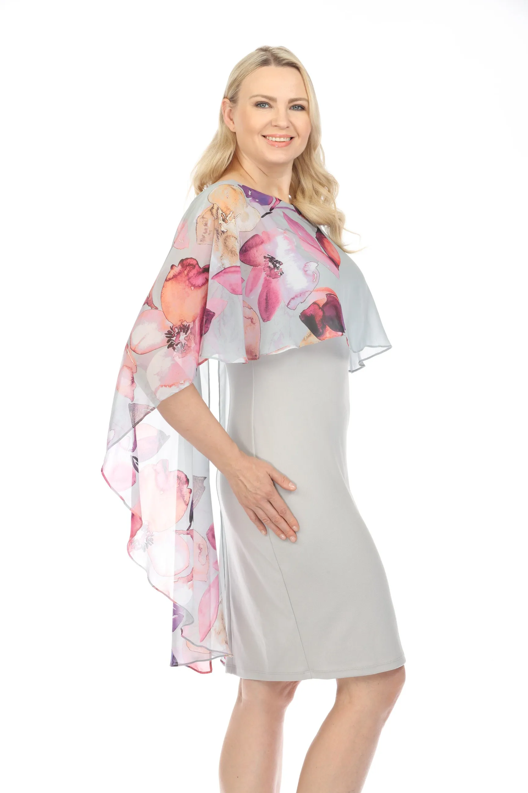 Joseph Ribkoff Grey/Multi Floral Asymmetric Chiffon Cape Sheath Dress 241718