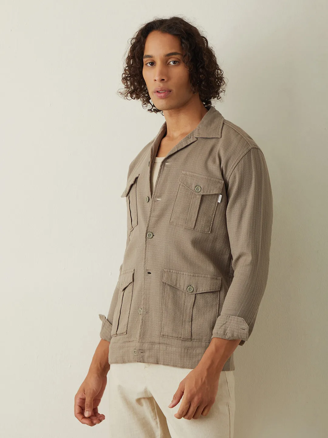 Khaki Double Pocket Cotton Shacket