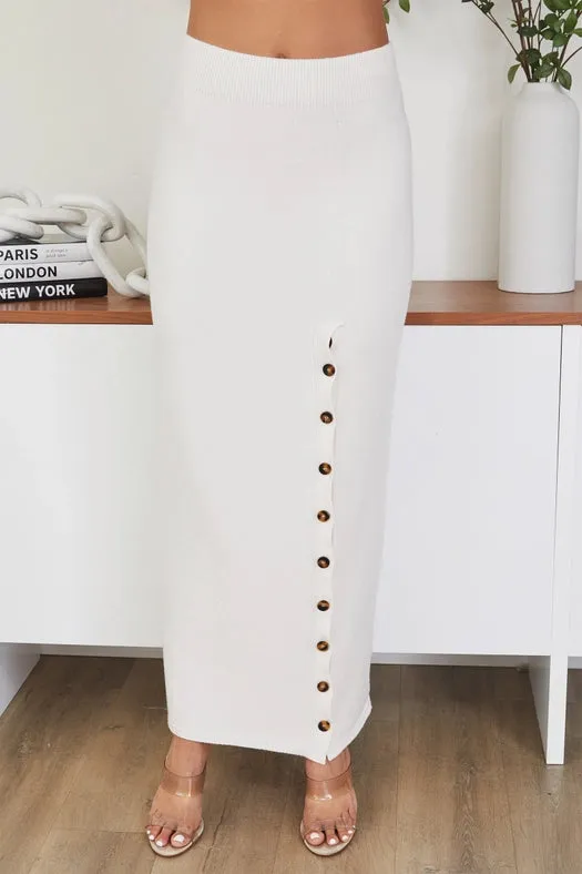 Knit Full Length Pencil Skirt with Optional Button Slit IVORY