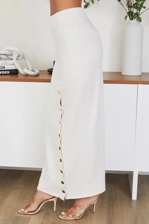 Knit Full Length Pencil Skirt with Optional Button Slit IVORY