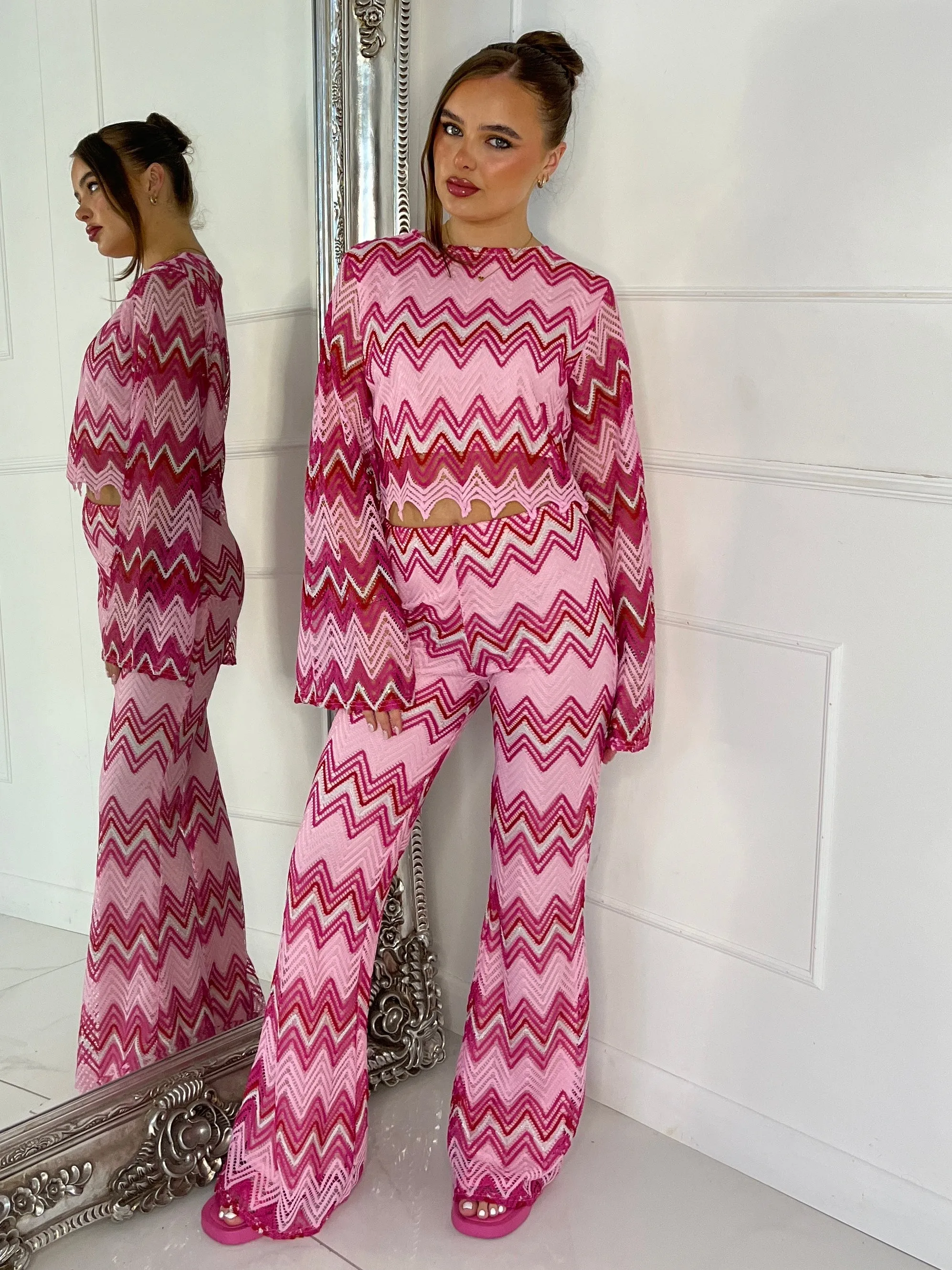 Knitted Crochet Flared Sleeve Top & Flared Pants Co-ord - White/Pink