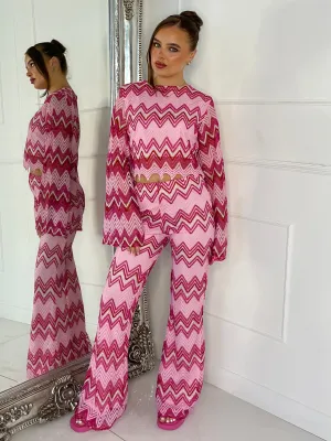 Knitted Crochet Flared Sleeve Top & Flared Pants Co-ord - White/Pink