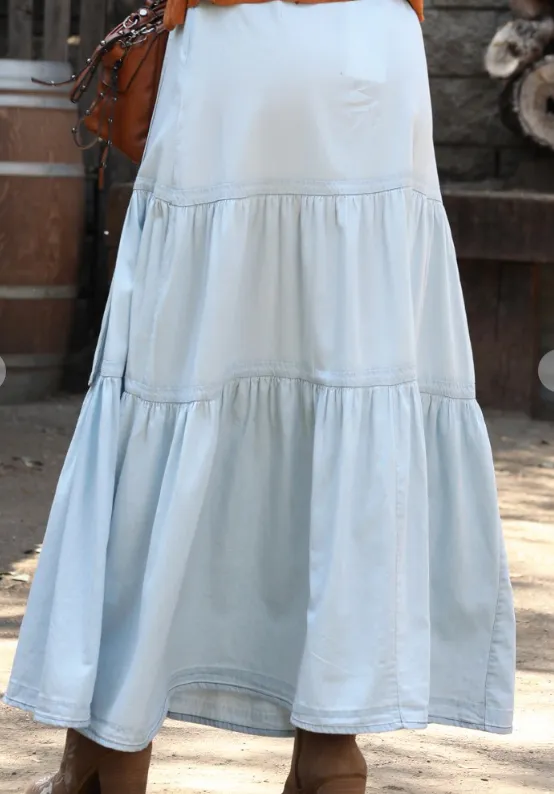 Layered Ruffle Denim Maxi Skirt