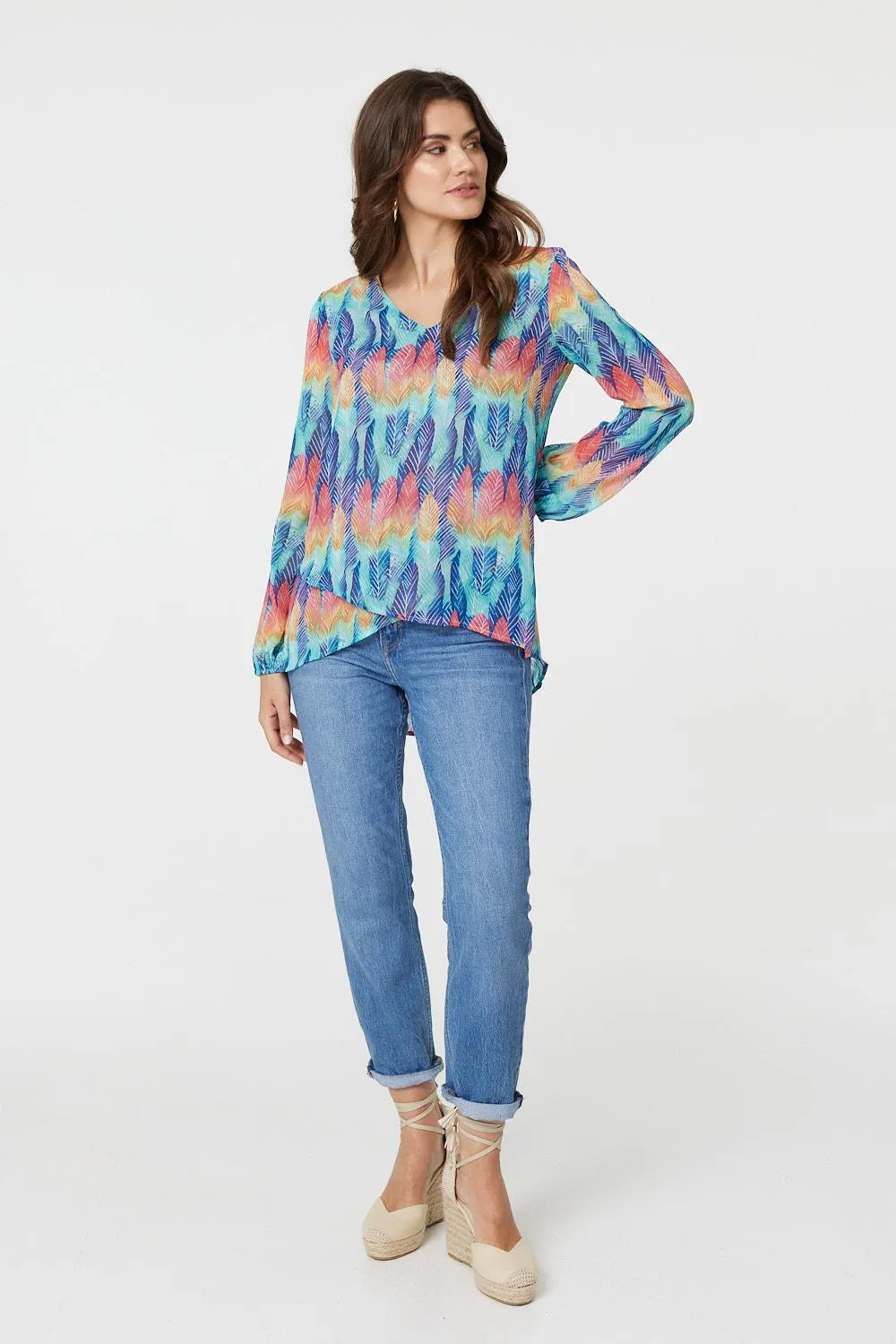 Leaf Print Long Sleeve Layered Hem Top