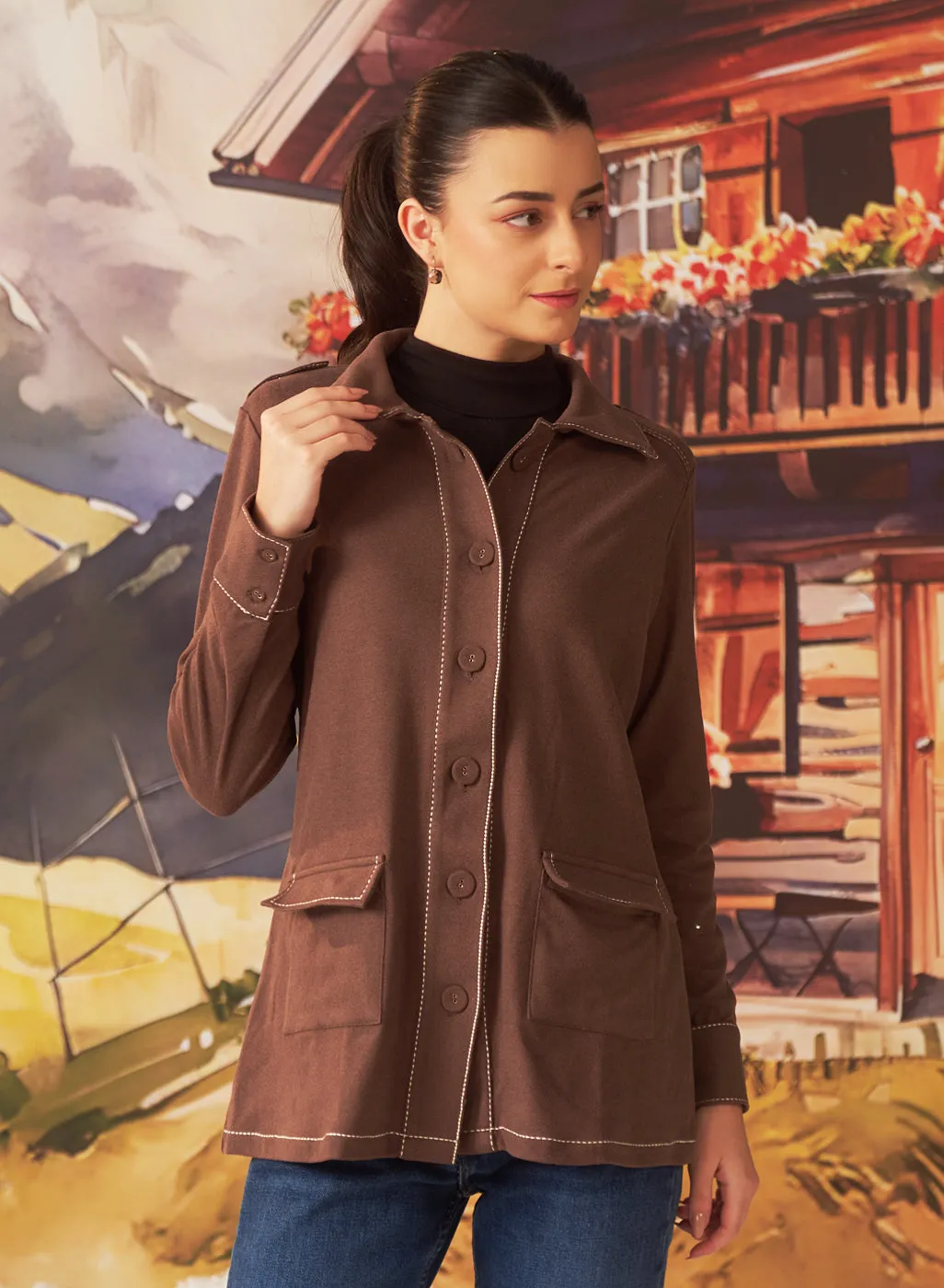 Liah Ash Brown Monochrome Brushed Fleece Shacket for Women