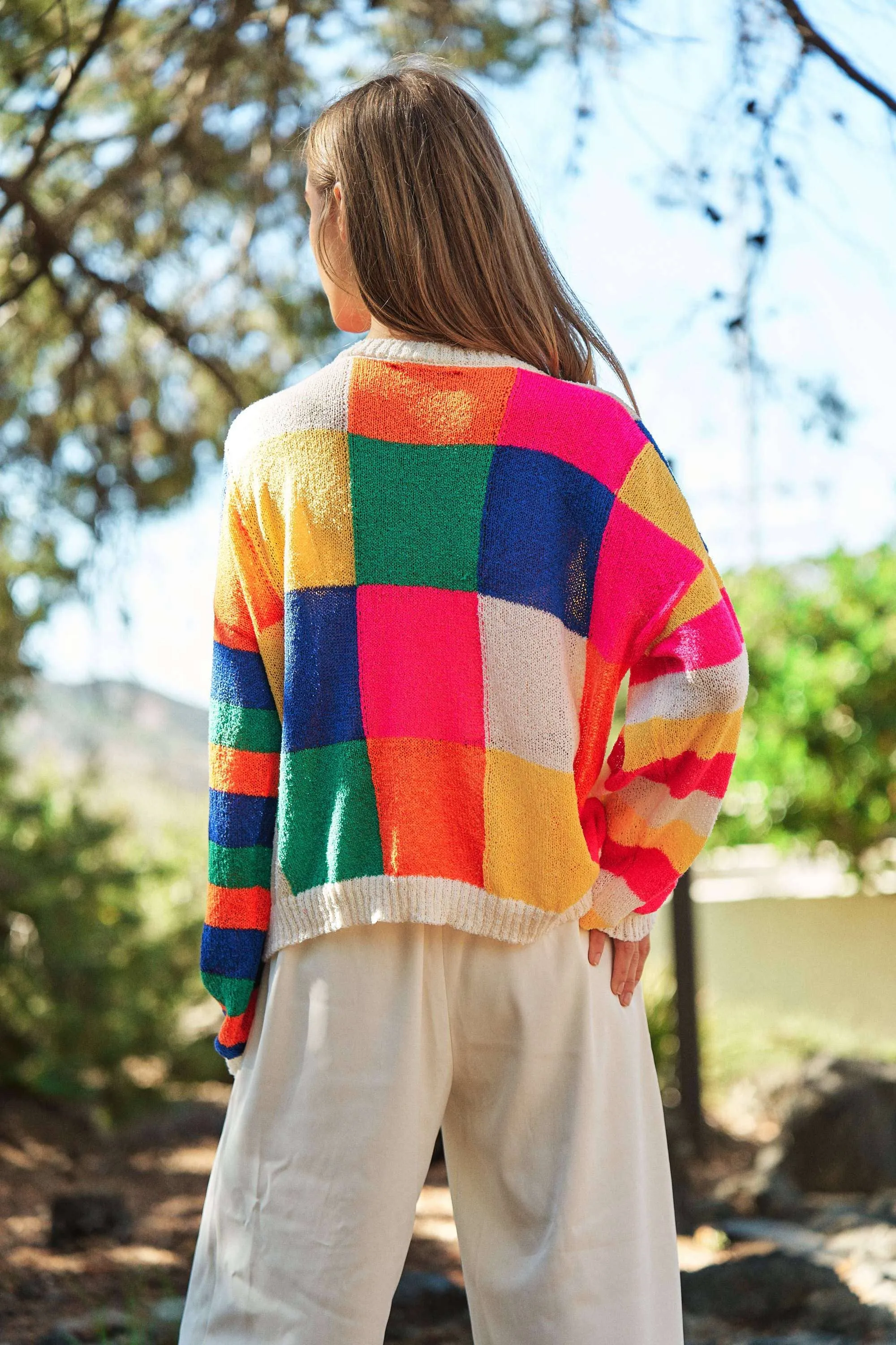 LIGHT WEIGHT CHECKERBOARD PULLOVER SWEATER TOP-neon multi