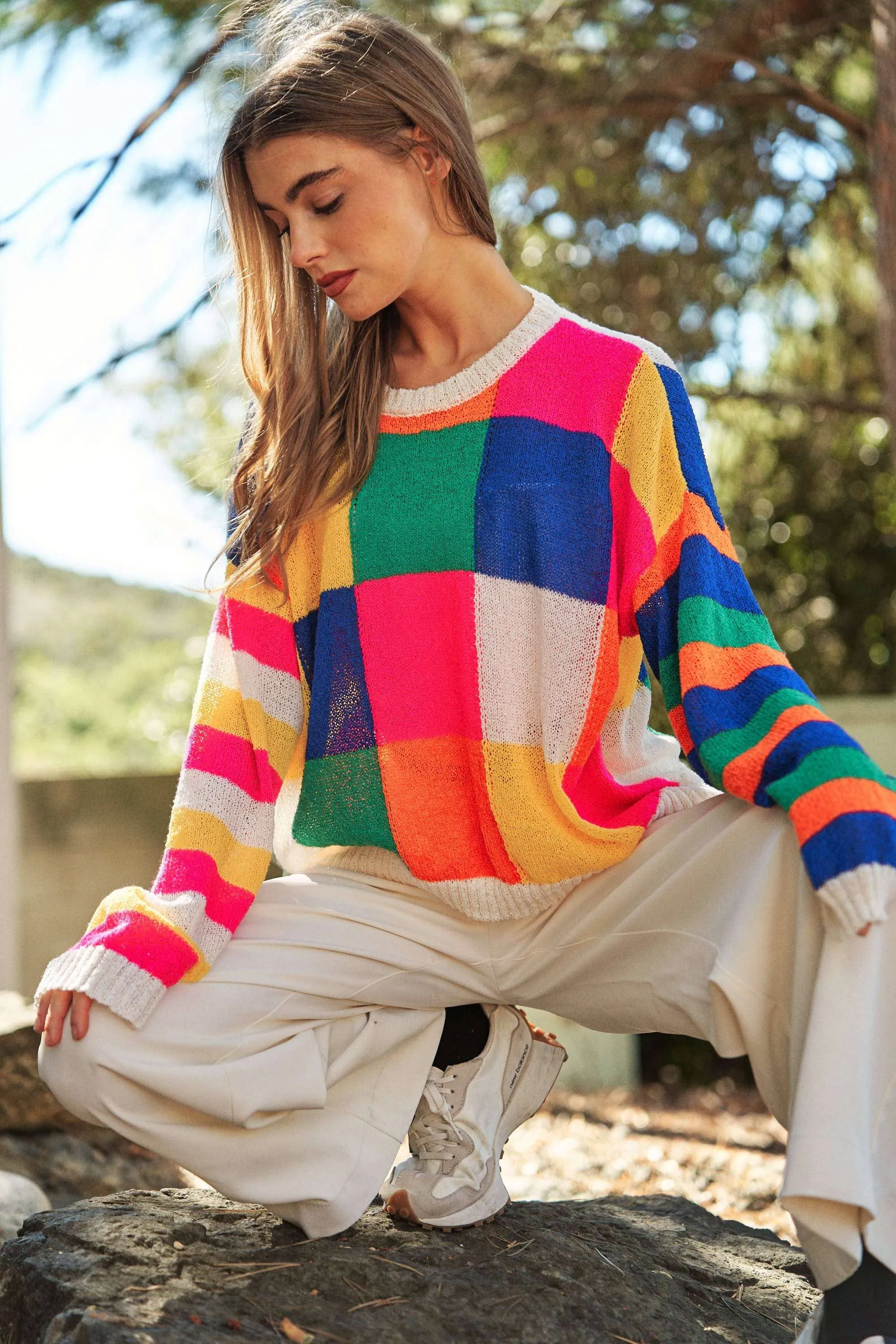 LIGHT WEIGHT CHECKERBOARD PULLOVER SWEATER TOP-neon multi