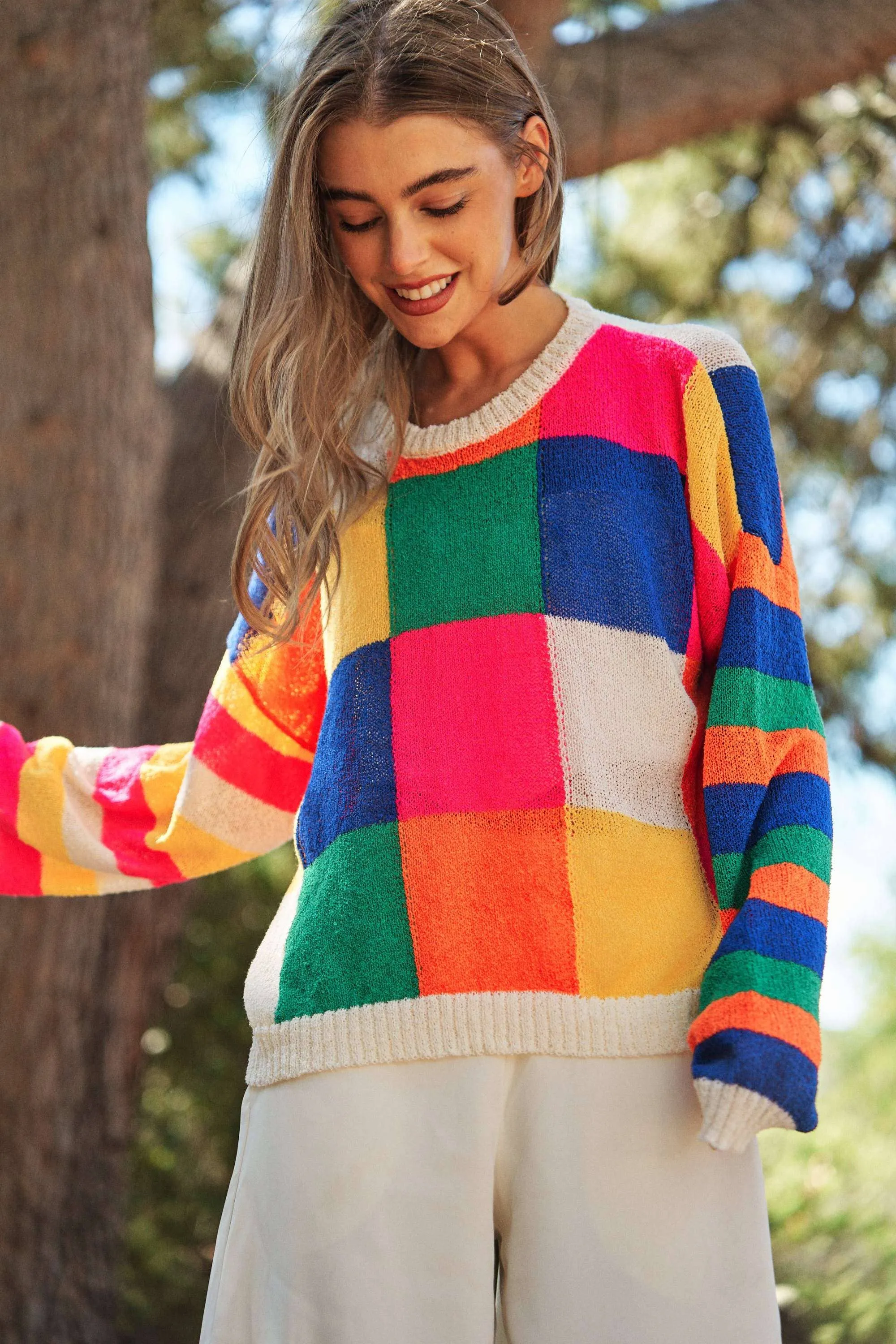 LIGHT WEIGHT CHECKERBOARD PULLOVER SWEATER TOP-neon multi