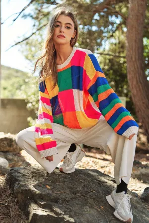 LIGHT WEIGHT CHECKERBOARD PULLOVER SWEATER TOP-neon multi