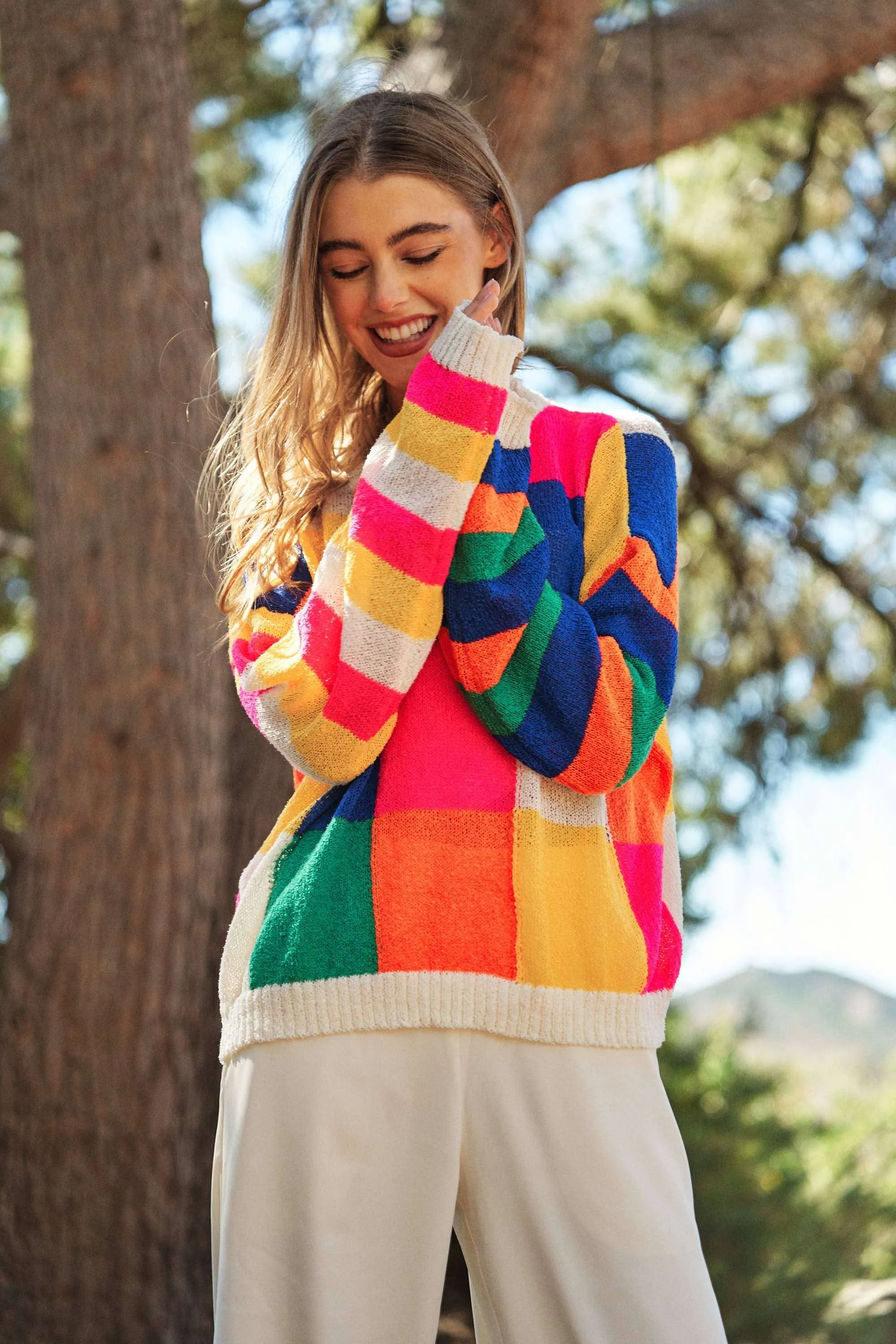 LIGHT WEIGHT CHECKERBOARD PULLOVER SWEATER TOP-neon multi